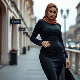 A stunning 40-year-old European woman wearing a fashionable hijab and high fashion heels, showcasing her fit body and curvaceous figure with large breasts and a prominent silhouette