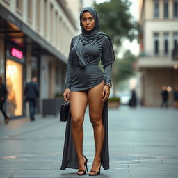 A gorgeous, seductive 40-year-old European woman wearing a chic hijab and high fashion heels, presenting a striking full body view