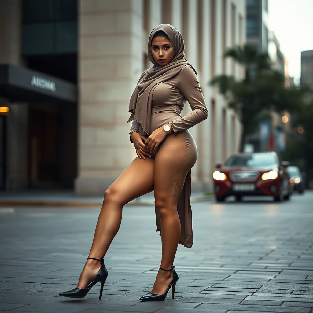 A gorgeous, seductive 40-year-old European woman wearing a chic hijab and high fashion heels, presenting a striking full body view