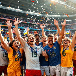 A group of diverse athletes celebrating exuberantly after a hard-fought victory in a large stadium