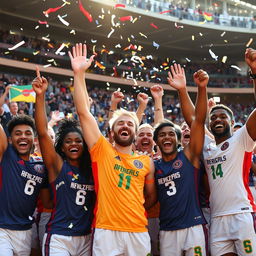 A group of diverse athletes celebrating exuberantly after a hard-fought victory in a large stadium