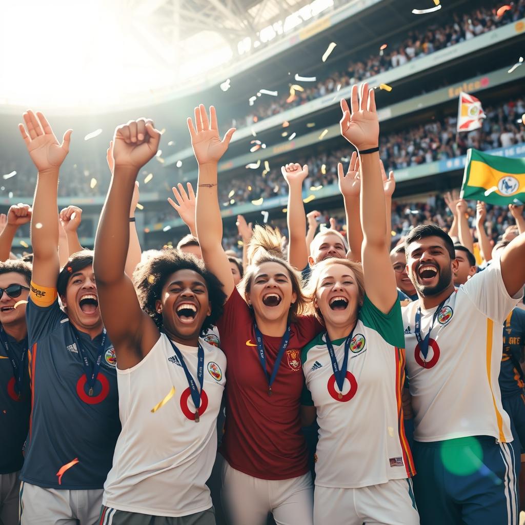 A group of diverse athletes celebrating exuberantly after a hard-fought victory in a large stadium