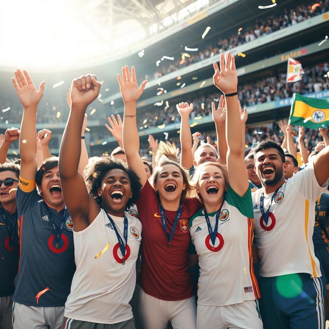 A group of diverse athletes celebrating exuberantly after a hard-fought victory in a large stadium