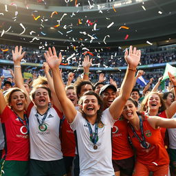 A group of diverse athletes celebrating exuberantly after a hard-fought victory in a large stadium