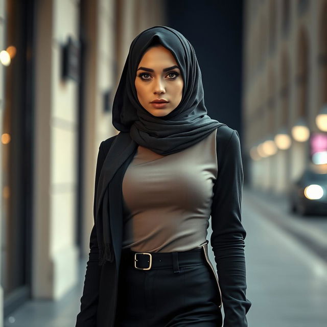 A gorgeous, innocent-looking 40-year-old European woman wearing a fashionable hijab and high fashion heels, captured in a full body view