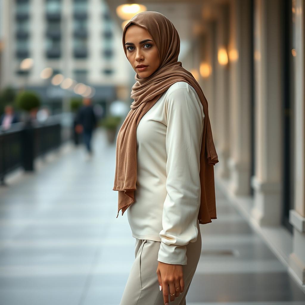 A gorgeous, innocent-looking 40-year-old European woman wearing a fashionable hijab and high fashion heels, captured in a full body view