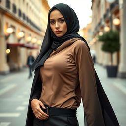 A gorgeous, innocent-looking 40-year-old European woman wearing a fashionable hijab and high fashion heels, captured in a full body view