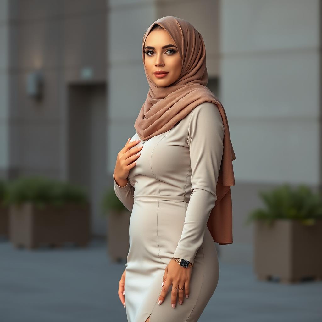 A gorgeous, innocent-looking 40-year-old European woman adorned in a stylish hijab and high fashion heels, emphasizing her elegant and modest appearance