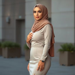 A gorgeous, innocent-looking 40-year-old European woman adorned in a stylish hijab and high fashion heels, emphasizing her elegant and modest appearance