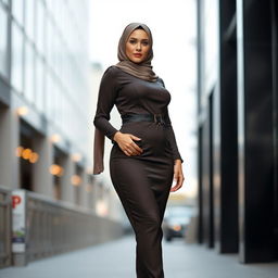 A gorgeous, innocent-looking 40-year-old European woman adorned in a stylish hijab and high fashion heels, emphasizing her elegant and modest appearance