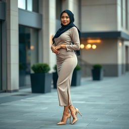 A gorgeous, innocent-looking 40-year-old European woman adorned in a stylish hijab and high fashion heels, emphasizing her elegant and modest appearance