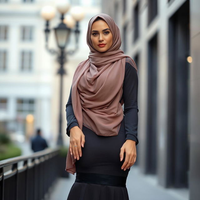 A gorgeous, innocent-looking 40-year-old European woman adorned in a stylish hijab and high fashion heels, emphasizing her elegant and modest appearance