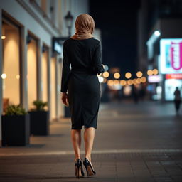 A gorgeous, innocent-looking 50-year-old European woman captured from the back, wearing an elegant hijab paired with high fashion heels