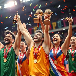 A vibrant scene depicting gold medal and trophy athletes joyfully celebrating their victory