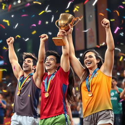 A vibrant scene depicting gold medal and trophy athletes joyfully celebrating their victory