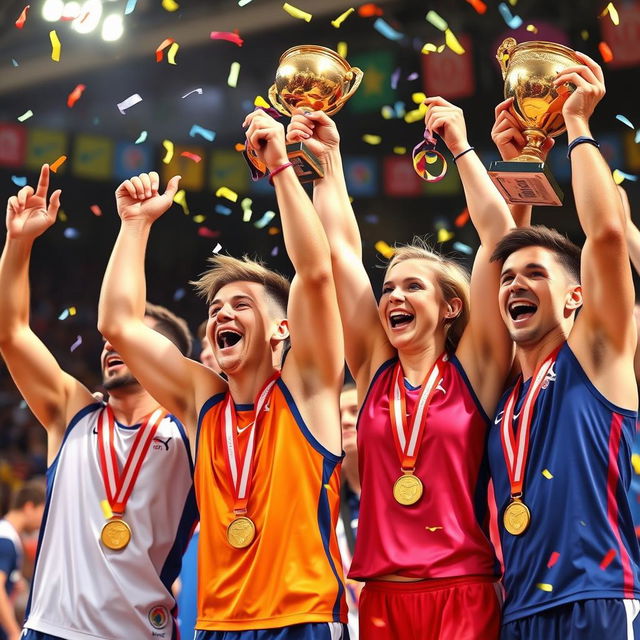 A vibrant scene depicting gold medal and trophy athletes joyfully celebrating their victory