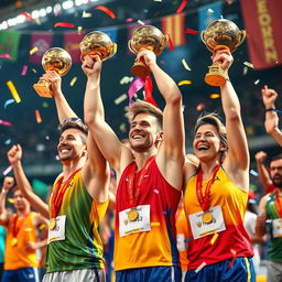 A vibrant scene depicting gold medal and trophy athletes joyfully celebrating their victory