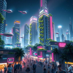 A captivating digital artwork featuring a futuristic cityscape at night, illuminated with vibrant neon lights