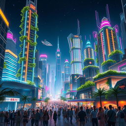 A captivating digital artwork featuring a futuristic cityscape at night, illuminated with vibrant neon lights