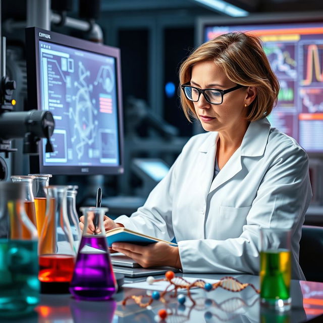 A determined scientist working in a high-tech laboratory, surrounded by advanced scientific equipment and beakers filled with colorful liquids