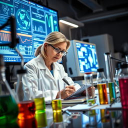 A determined scientist working in a high-tech laboratory, surrounded by advanced scientific equipment and beakers filled with colorful liquids