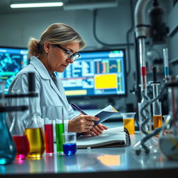 A determined scientist working in a high-tech laboratory, surrounded by advanced scientific equipment and beakers filled with colorful liquids
