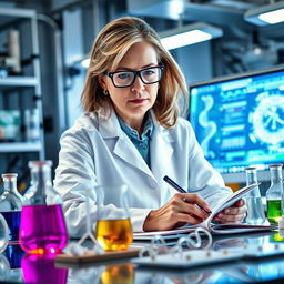 A determined scientist working in a high-tech laboratory, surrounded by advanced scientific equipment and beakers filled with colorful liquids