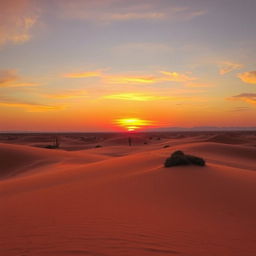 A tranquil desert landscape during sunset, showcasing vast stretches of golden sand dunes under a vibrant sky painted in hues of orange, pink, and purple