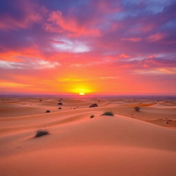 A tranquil desert landscape during sunset, showcasing vast stretches of golden sand dunes under a vibrant sky painted in hues of orange, pink, and purple