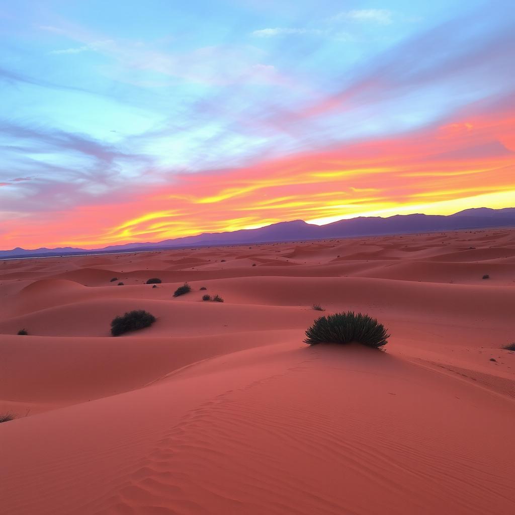 A tranquil desert landscape during sunset, showcasing vast stretches of golden sand dunes under a vibrant sky painted in hues of orange, pink, and purple