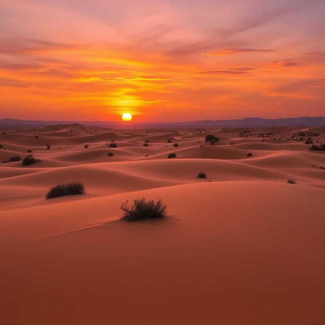 A tranquil desert landscape during sunset, showcasing vast stretches of golden sand dunes under a vibrant sky painted in hues of orange, pink, and purple