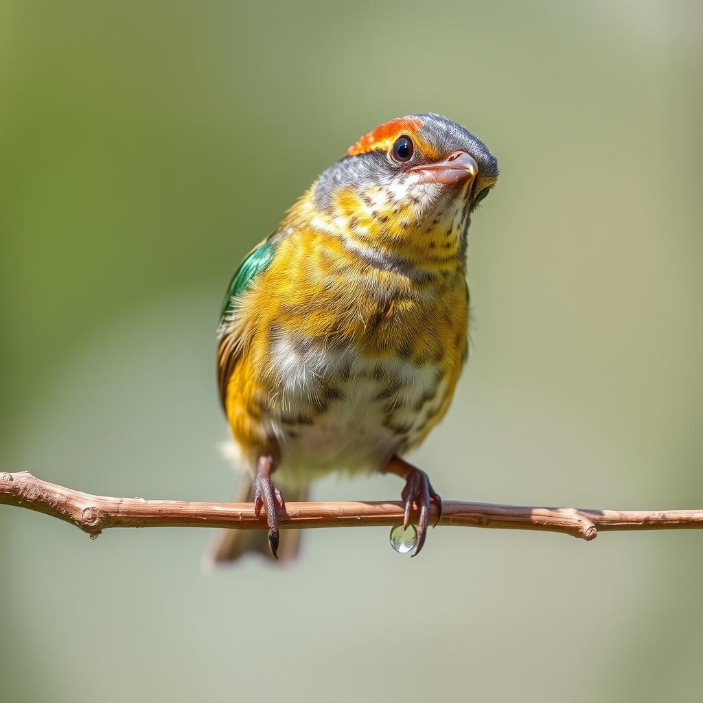 A delicate bird perches on a slender branch, its vibrant feathers shimmering under the soft sunlight