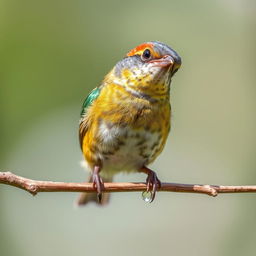 A delicate bird perches on a slender branch, its vibrant feathers shimmering under the soft sunlight