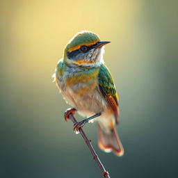 A delicate bird perches on a slender branch, its vibrant feathers shimmering under the soft sunlight