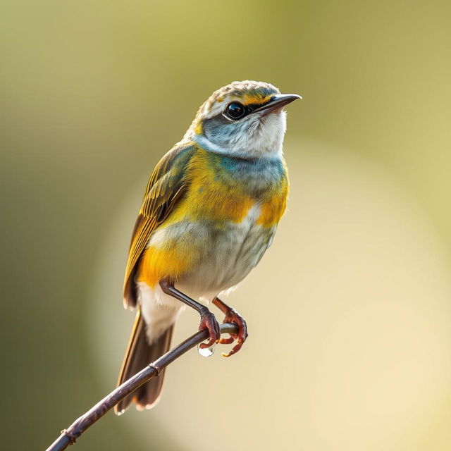 A delicate bird perches on a slender branch, its vibrant feathers shimmering under the soft sunlight