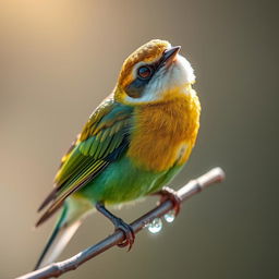 A delicate bird perches on a slender branch, its vibrant feathers shimmering under the soft sunlight