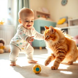 A baby joyfully playing with a fluffy, playful cat in a brightly lit room