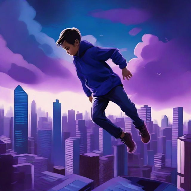 A high-quality digital art depicting a boy falling during the blue hour