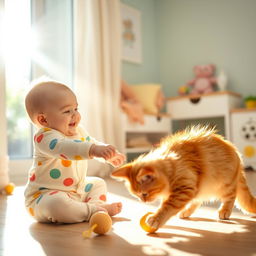A baby joyfully playing with a fluffy, playful cat in a brightly lit room