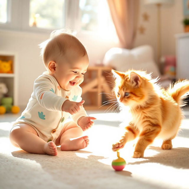 A baby joyfully playing with a fluffy, playful cat in a brightly lit room