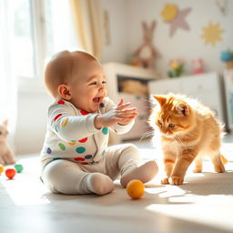 A baby joyfully playing with a fluffy, playful cat in a brightly lit room