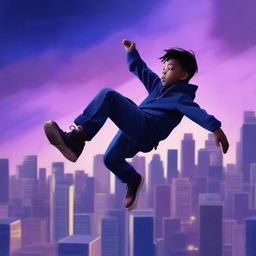 A high-quality digital art depicting a boy falling during the blue hour