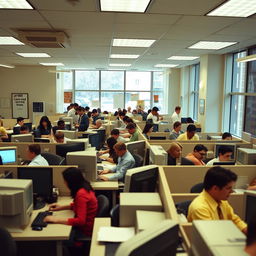 A bustling office environment from the year 2005, showcasing the dynamics of a workplace with 200 employees