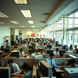 A bustling office environment from the year 2005, showcasing the dynamics of a workplace with 200 employees