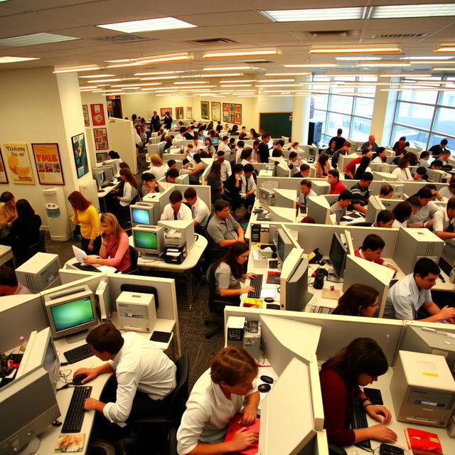 A bustling office environment from the year 2005, showcasing the dynamics of a workplace with 200 employees