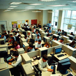 A bustling office environment from the year 2005, showcasing the dynamics of a workplace with 200 employees
