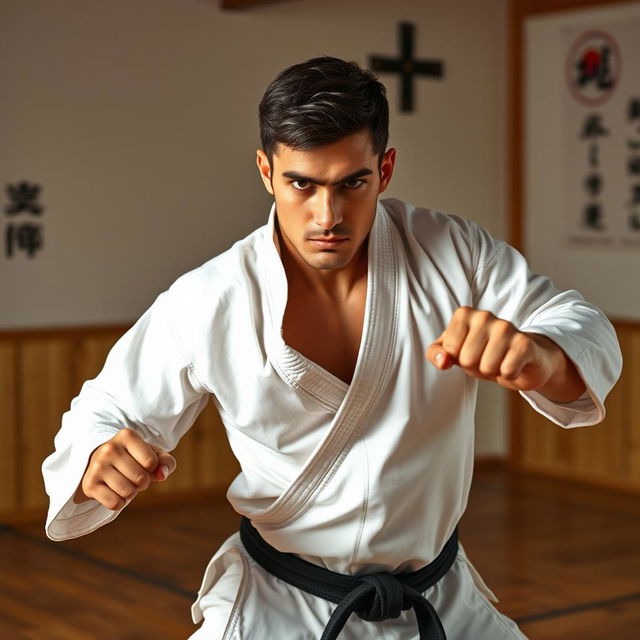 A determined karate practitioner in a dynamic pose, showcasing strength and focus