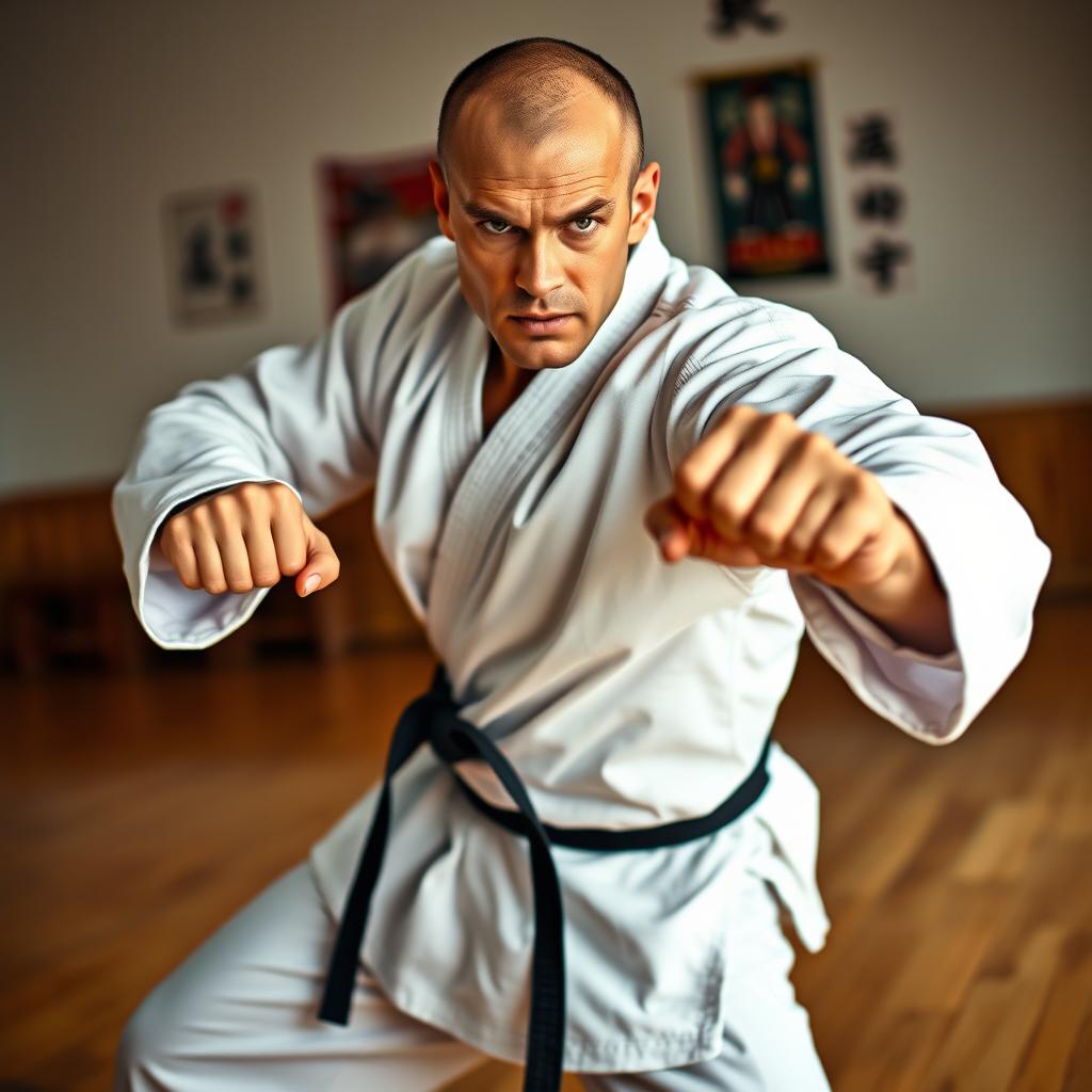 A determined karate practitioner in a dynamic pose, showcasing strength and focus