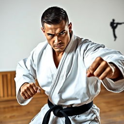 A determined karate practitioner in a dynamic pose, showcasing strength and focus