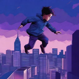 A high-quality digital art depicting a boy falling during the blue hour